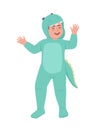 Cute boy in dinosaur costume semi flat color vector character Royalty Free Stock Photo