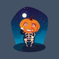 cute boy disguised of skeleton with head pumpkin