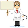 Cute boy doctor holding a blank wooden sign Royalty Free Stock Photo