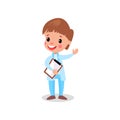 Cute boy doctor in professional clothing with clipboard, kid playing doctor vector illustration Royalty Free Stock Photo