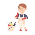 Cute Boy Doing Housework and Housekeeping Wearing Gloves and Using Detergents Vector Illustration
