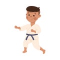 Cute Boy Doing Karate, Kid in Kimono Doing Sports, Active Healthy Lifestyle Concept Cartoon Style Vector Illustration