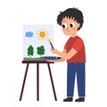 Cute boy drawing on easel. Artist kid in cartoon style. Painting young person Royalty Free Stock Photo