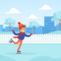 Cute Boy Dressed in Warm Clothing Skating on Rink, Winter Sports Outdoor Activity Cartoon Style Vector Illustration Royalty Free Stock Photo