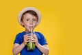 Cute boy Drink Mojito cocktail From Plastic Cup Over Yellow Studio Background Royalty Free Stock Photo