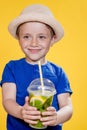 Cute boy Drink Mojito cocktail From Plastic Cup Over Yellow Studio Background Royalty Free Stock Photo