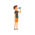 Cute Boy Drinking Water from Plastic Bottle, Kid Enjoying Drinking of Fresh Clean Water Vector Illustration Royalty Free Stock Photo