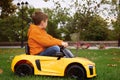 Cute little boy driving children`s car in park Royalty Free Stock Photo