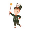 Cute boy drum major. Happy kid in black traditional costume marching band parade with rod cartoon vector illustration Royalty Free Stock Photo