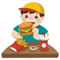 A cute Boy eat hamburger with french fries, and soda.