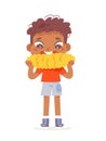 Cute boy eating boiled corn, snack on lunch, little child holding big corncob to eat