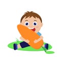 Cute boy eating carrot. Child with vegetable. Vector cartoon illustration for print, design Royalty Free Stock Photo