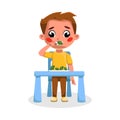 Cute Boy Eating Healthy Food, Good Kids Behavior and Habits Cartoon Style Vector Illustration