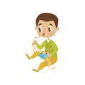 Cute boy eating messy, hoodlum cheerful kid, bad child behavior vector Illustration on a white background