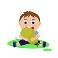 Cute boy eating pear. Child with fruit. Vector cartoon illustration for print, design Royalty Free Stock Photo