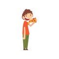 Cute Boy Eating Pizza, Child Enjoying Eating of Fast Food Vector Illustration Royalty Free Stock Photo