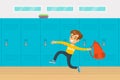 Cute Boy Elementary School Student Standing in front of Lockers at School Hallway Cartoon Vector Illustration Royalty Free Stock Photo