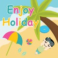 Cute boy enjoy holiday on the beach cartoon, Summer postcard, wallpaper, and greeting card