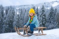 Cute boy enjoying a sleigh ride. Child sledding, riding a sledge play outdoors in snow on winter landscape. Outdoor Royalty Free Stock Photo