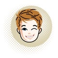 Cute boy face, human head. Vector redhead character winking.