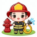 Cute boy firefighter with fire hydrant on white background illustration.