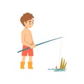 Cute Boy Fishing with Fishing Rod, Little Fisherman Cartoon Character Vector Illustration