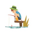 Cute Boy Fishing from Pier into Sea or River Shore, Fisherman Cartoon Character with Fishing Rod Vector Illustration