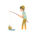 Cute Boy Fishing with Fishing Rod, Little Fishman Cartoon Character in Rubber Boots Vector Illustration