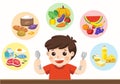 A cute boy with The five food group. Let`s get something to eat! Royalty Free Stock Photo