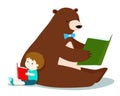 Cute boy and fluffy bear are reading a book .