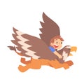 Cute Boy Flying on Griffin, Kids Imagination Concept, Fairy Tales, Stories, Discoveries Cartoon Style Vector