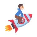 Cute Boy Flying on Space Rocket, Successful Achievements of Child Cartoon Style Vector Illustration