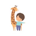 Cute Boy with Giraffe, Kid Interacting with Animal in Contact Zoo Cartoon Vector Illustration Royalty Free Stock Photo