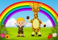 Cute boy and giraffe at park with rainbow scene