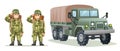 Cute boy and girl army soldier carrying backpack characters with military truck Royalty Free Stock Photo