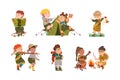 Cute Boy and Girl as Junior Scout Camping at Nature Vector Set