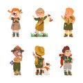 Cute Boy and Girl as Junior Scout Camping at Nature Vector Set