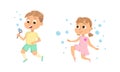 Cute boy and girl blowing and playing with soap bubbles set cartoon vector illustration Royalty Free Stock Photo