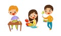 Cute Boy and Girl Character Eating Healthy Food for Lunch Vector Set