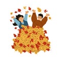 Cute Boy and Girl Character Enjoy Autumn Season Throw Leaf Vector Illustration Royalty Free Stock Photo