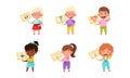 Cute Boy and Girl Character Holding Card with Body Part Picture Vector Set Royalty Free Stock Photo
