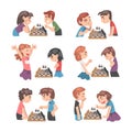 Cute Boy and Girl Character Sitting and Playing Chess Vector Set Royalty Free Stock Photo