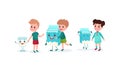 Cute Boy and Girl Characters Playing with Humanized Milk Carton and Glass Vector Illustration Set