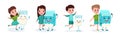 Cute Boy and Girl Characters Playing with Humanized Milk Carton and Glass Vector Set