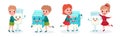 Cute Boy and Girl Characters Playing with Humanized Milk Carton and Glass Vector Set