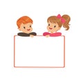 Cute boy and girl characters with white empty message board, kids standing behind placard vector Illustration Royalty Free Stock Photo