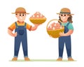 Cute boy and girl of chicken farmer holding basket filled with eggs illustration