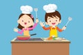 Cute Boy and Girl cooking in the kitchen. happy little chef kids