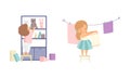 Cute Boy and Girl Doing Housework and Housekeeping Hanging Laundry on Rope and Arranging Stuff on Shelf Vector Set