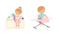 Cute Boy and Girl Doing Housework and Housekeeping Ironing Clothing and Washing the Dishes Standing on Stool Vector Set Royalty Free Stock Photo